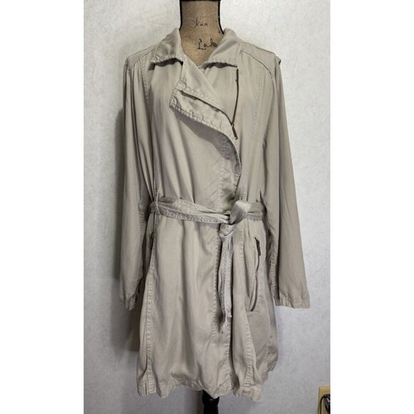 STYLE & CO Short Belted Trench Coat Tan Full Zip XL Lyocell Office Travel Preppy - Picture 1 of 11